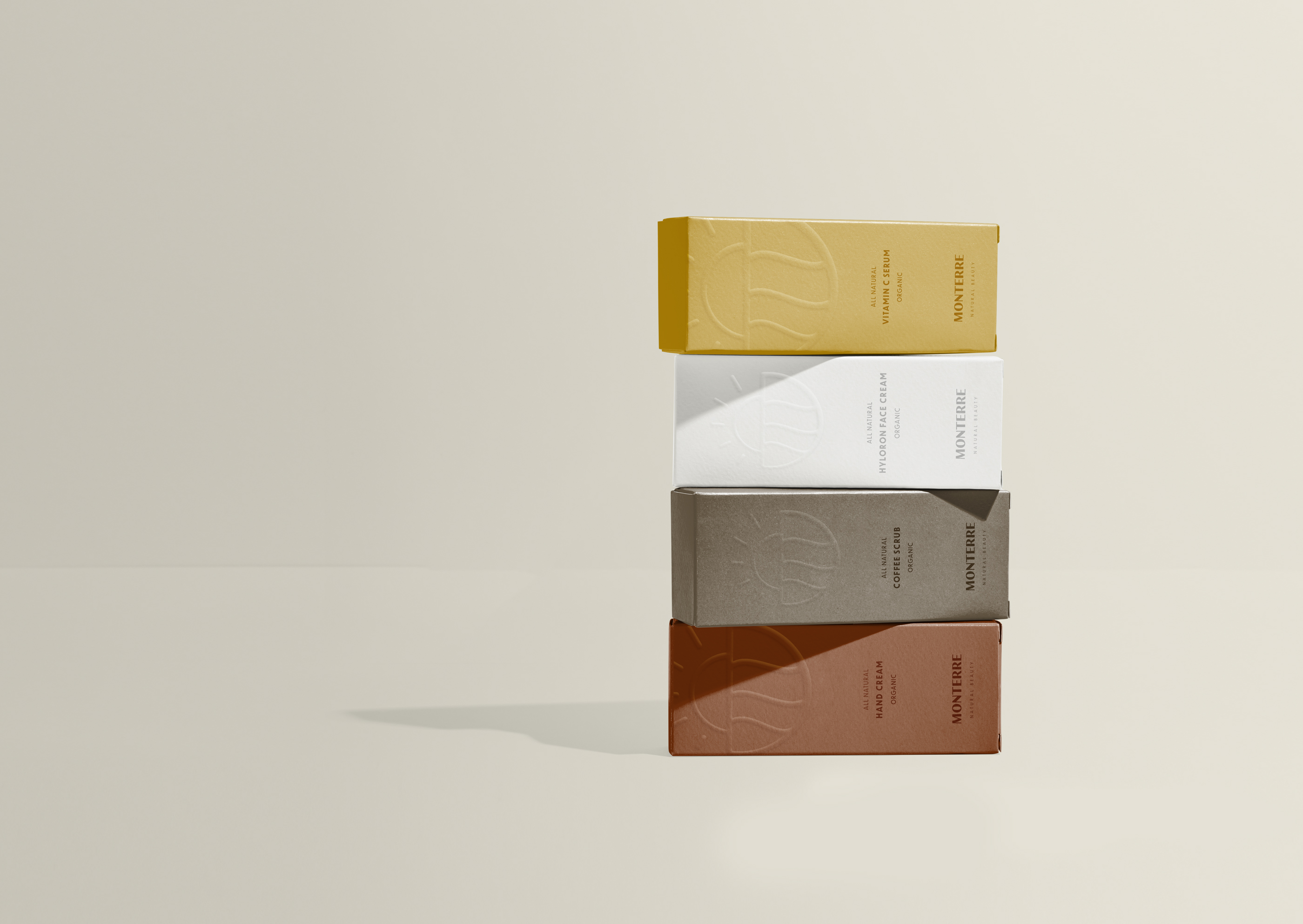 Monterre Beauty Brand - Packaging and Branding mock up showing stacked product boxes