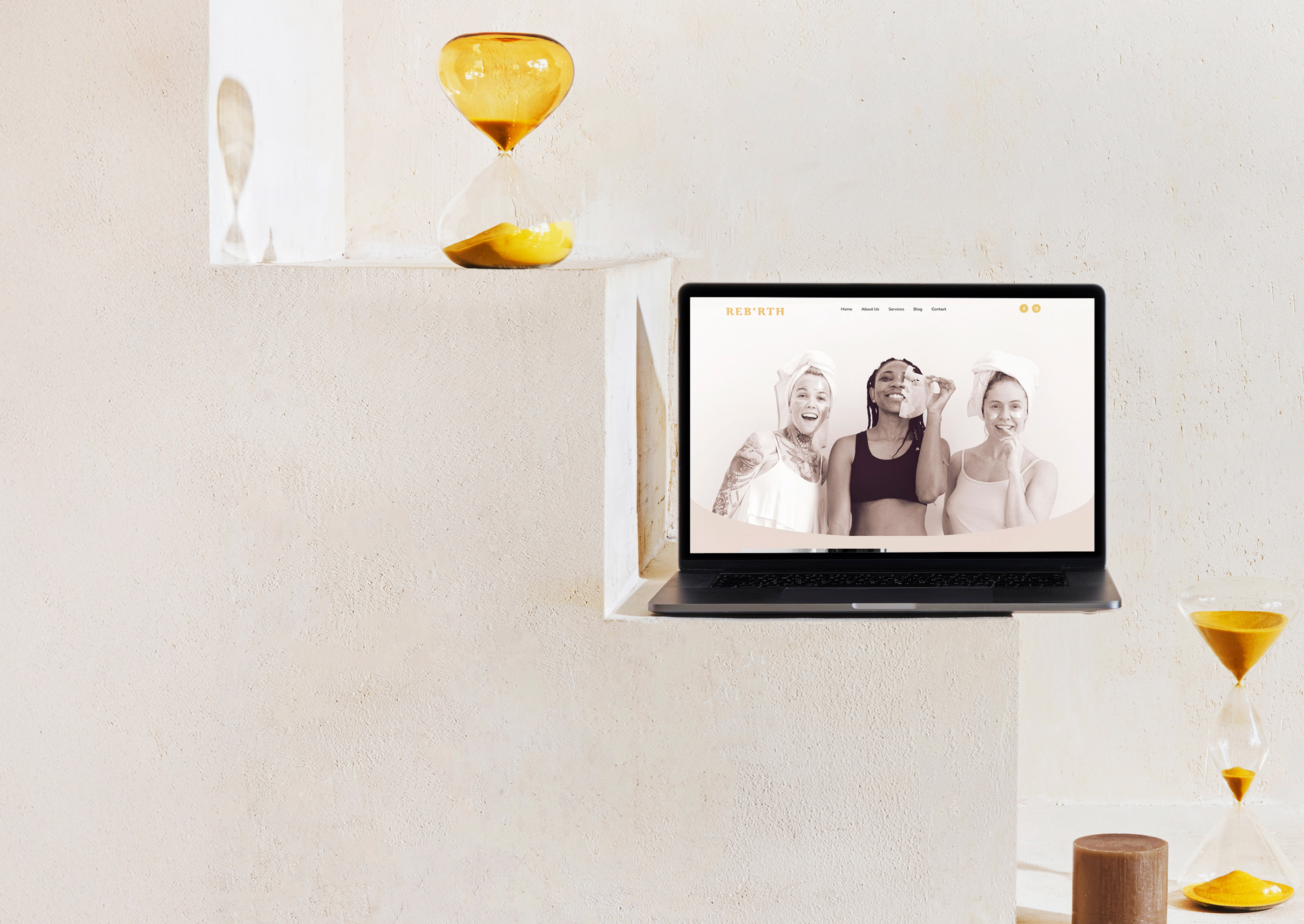 Rebirth Holistic Wellness Branding and Webdesign - Mock up showing laptop with website loaded